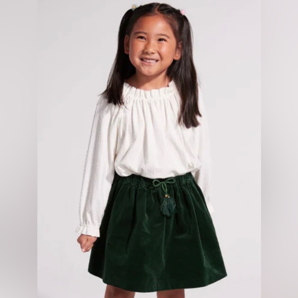 BISBY Tory Top in Snow Pointelle & Emerald Velvet Circle Skirt in